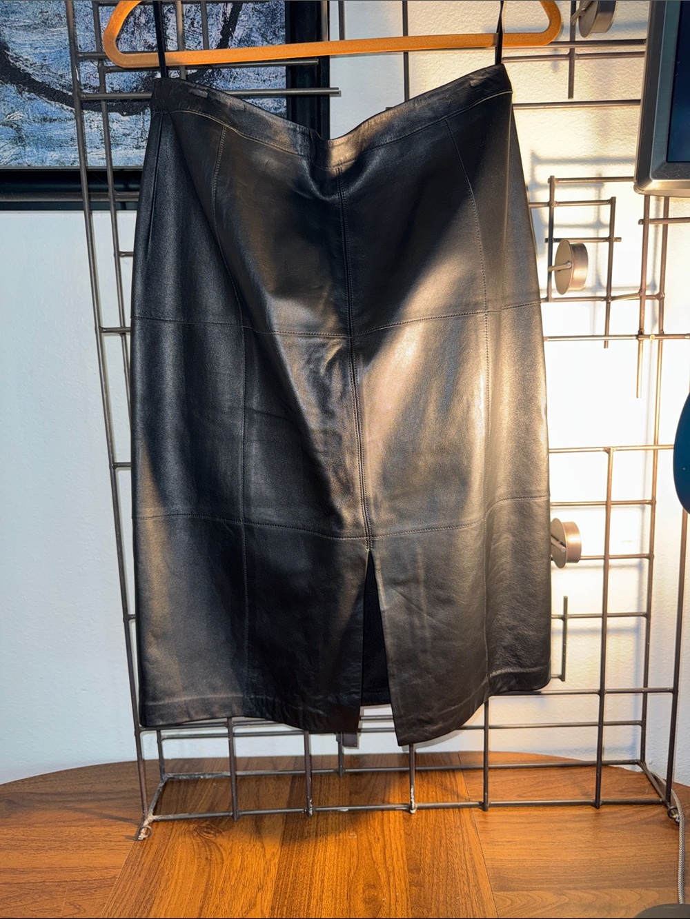 White House Black Market Black Leather Pencil Skirt with Front Slit